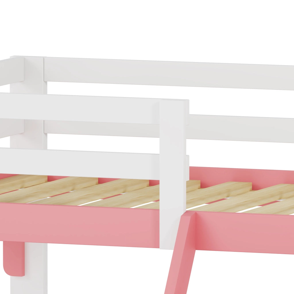 Letto a soppalco per bambini 90x200 cm in legno massello di pino, letto per bambini con sistema anticaduta, scaletta fissa e tavolino contenitore, ret