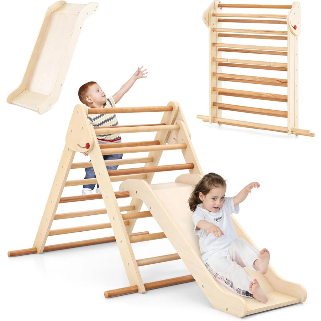 Triangolo di arrampicata pieghevole con rampetta scivolosa, Giocattolo montessori in legno triangolare per bambini  Naturale-Arrampicate e scivoli