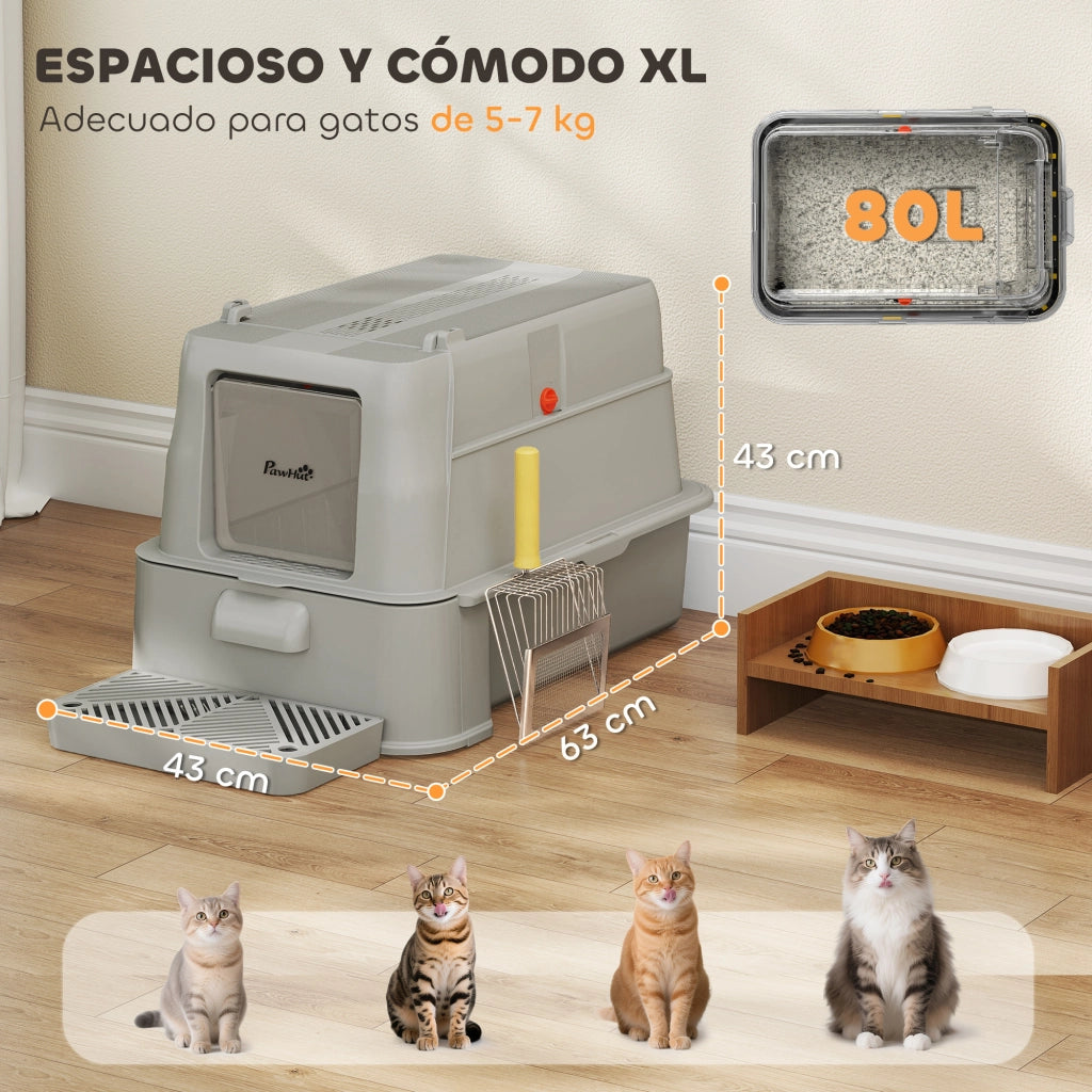 Lettiera per Gatti XL ¨C Xylo ¨C Acciaio Inox con Coperchio Ribaltabile 180¡ã Pareti Alte Grigio Chiaro