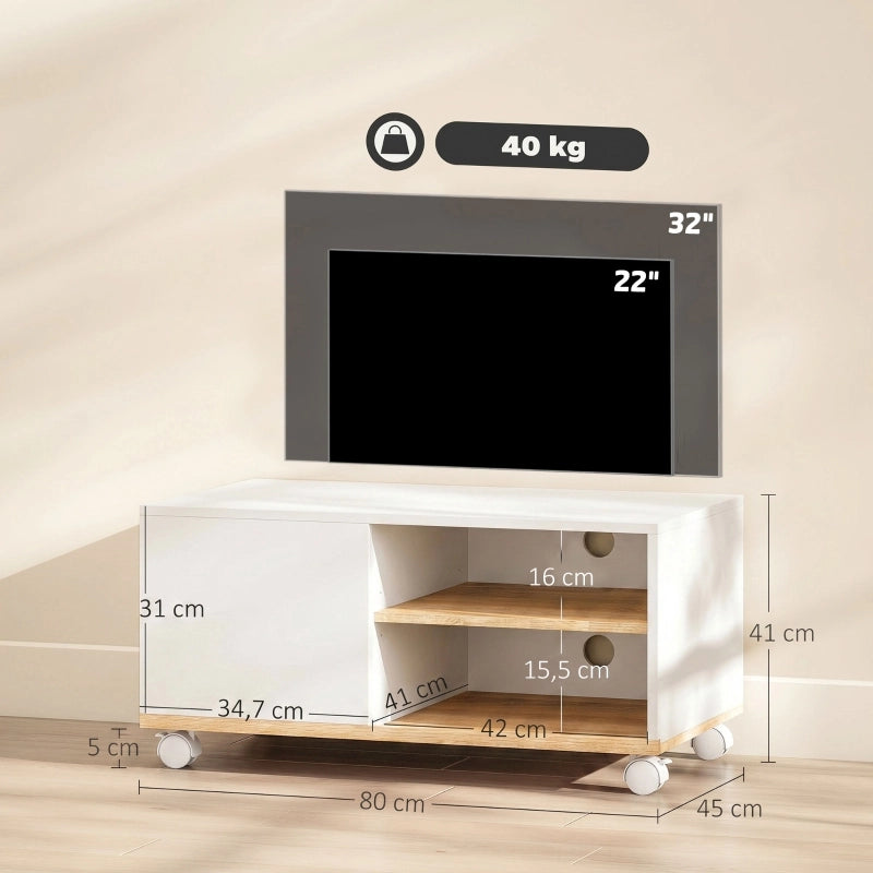 Mobile porta TV su rotelle con freno, mobile TV con armadietto e ripiano regolabile, bianco e rovere