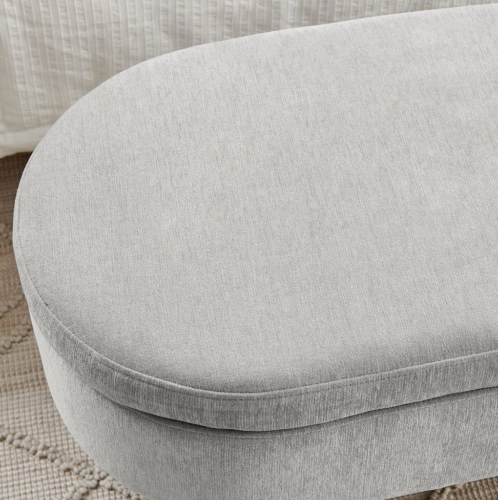 Panca contenitore ovale 110x40x42 cm in tessuto chenille grigio con struttura in legno massello