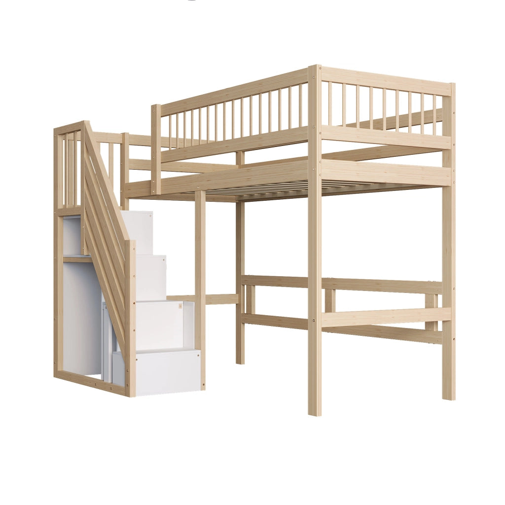 OKWISH Letto a Soppalco 90×200 cm, Letto Singolo con Scala Contenitore e Sponda, senza Materasso, in Legno, Naturale