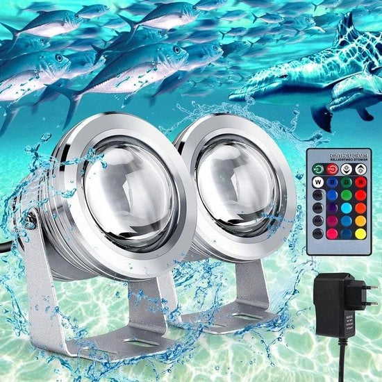 Illuminazione LED subacquea 2 pezzi con telecomando per laghetto e decorazione paesaggistica - RGB, contenitore in acciaio inox