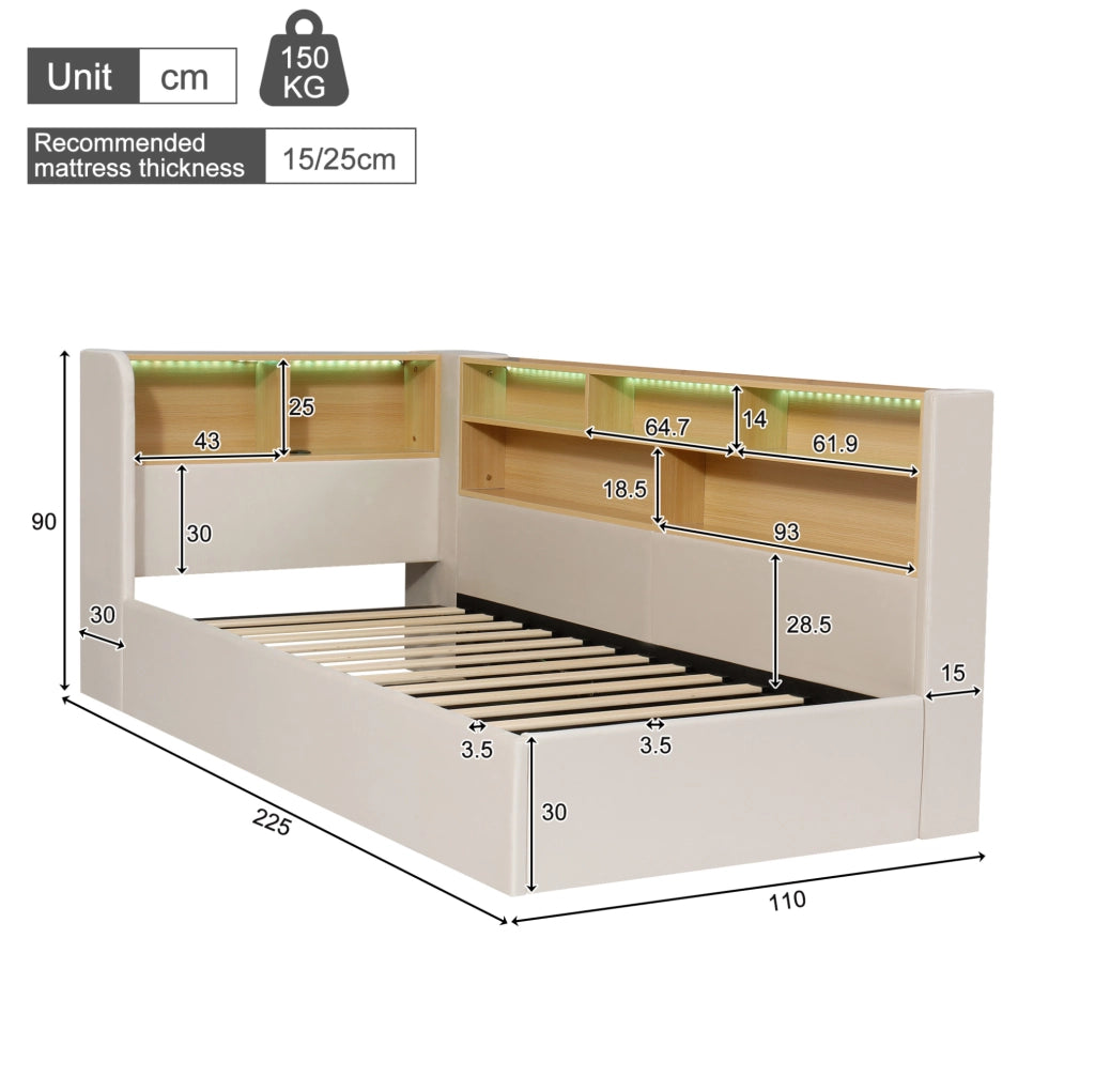 Letto singolo con spazio contenitivo, LED e porte USB Type-C