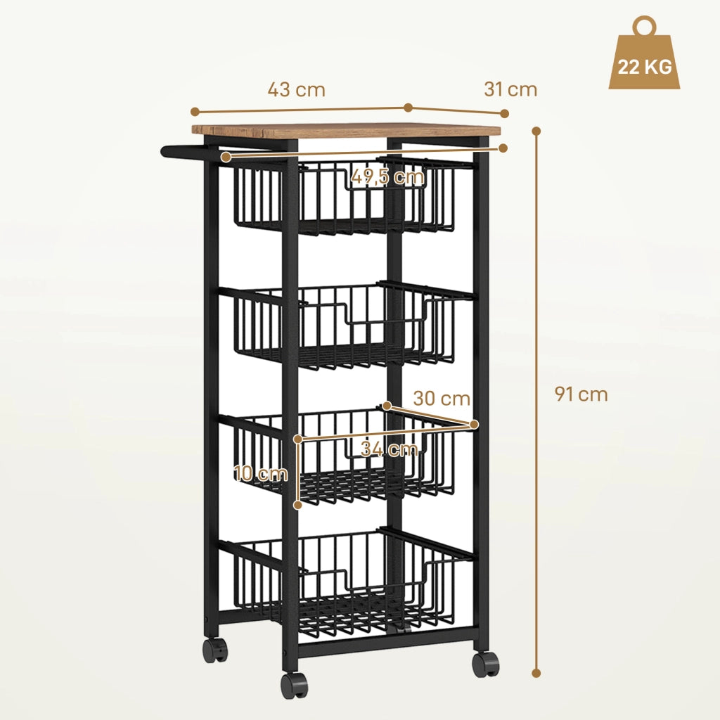 Carrello da Cucina con 4 Cestelli Scorrevoli ¨C Xylo ¨C Struttura in Acciaio 49,5x31x91 cm Rovere