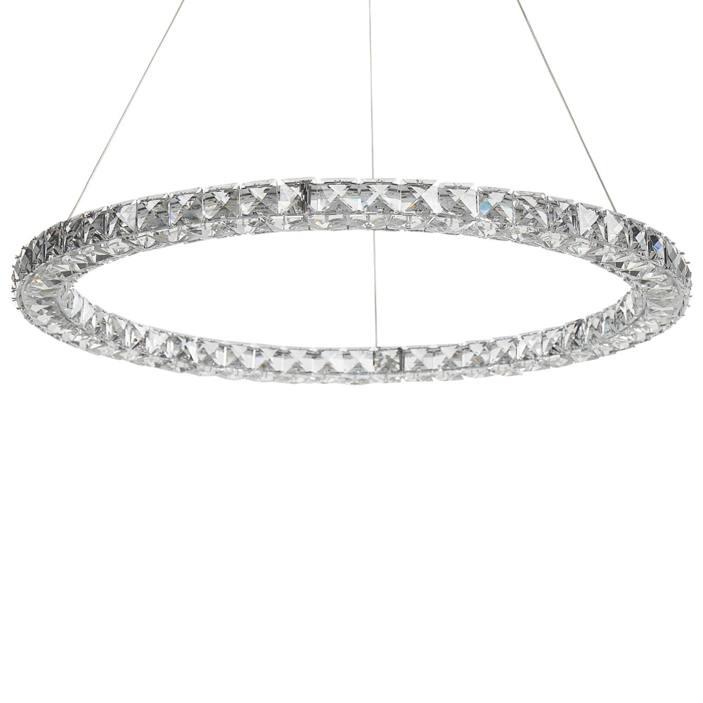 Lampada a Sospensione Argento Cristallo Vetro Acciaio Luci LED Integrate Anello Forma Rotonda Appeso Illuminazione Glamour Moderna