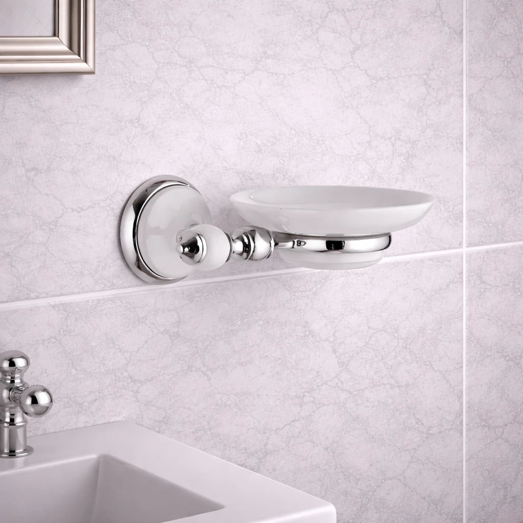 Portasapone con inserti in ceramica bianca e piattino vetro opaco - serie epoca