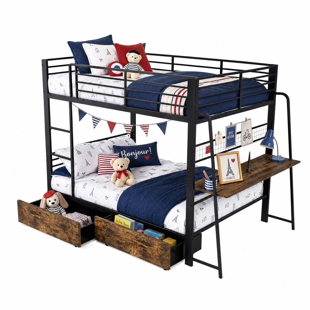 Letto a soppalco 140×200 cm con scrivania; LED regolabile; USB e Type-C; senza materasso; metallo; nero