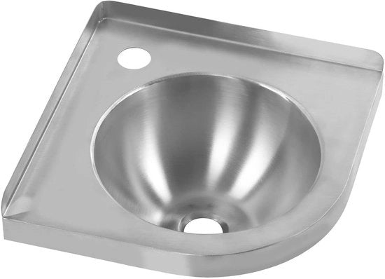 Wastafello a muro in acciaio inox - unico rubinetto - montaggio a parete - forma triangolare piccola - diametro di scarico 36mm - diametro di rubinetto 41mm - superficie lucidata a mano - lavandino a mano