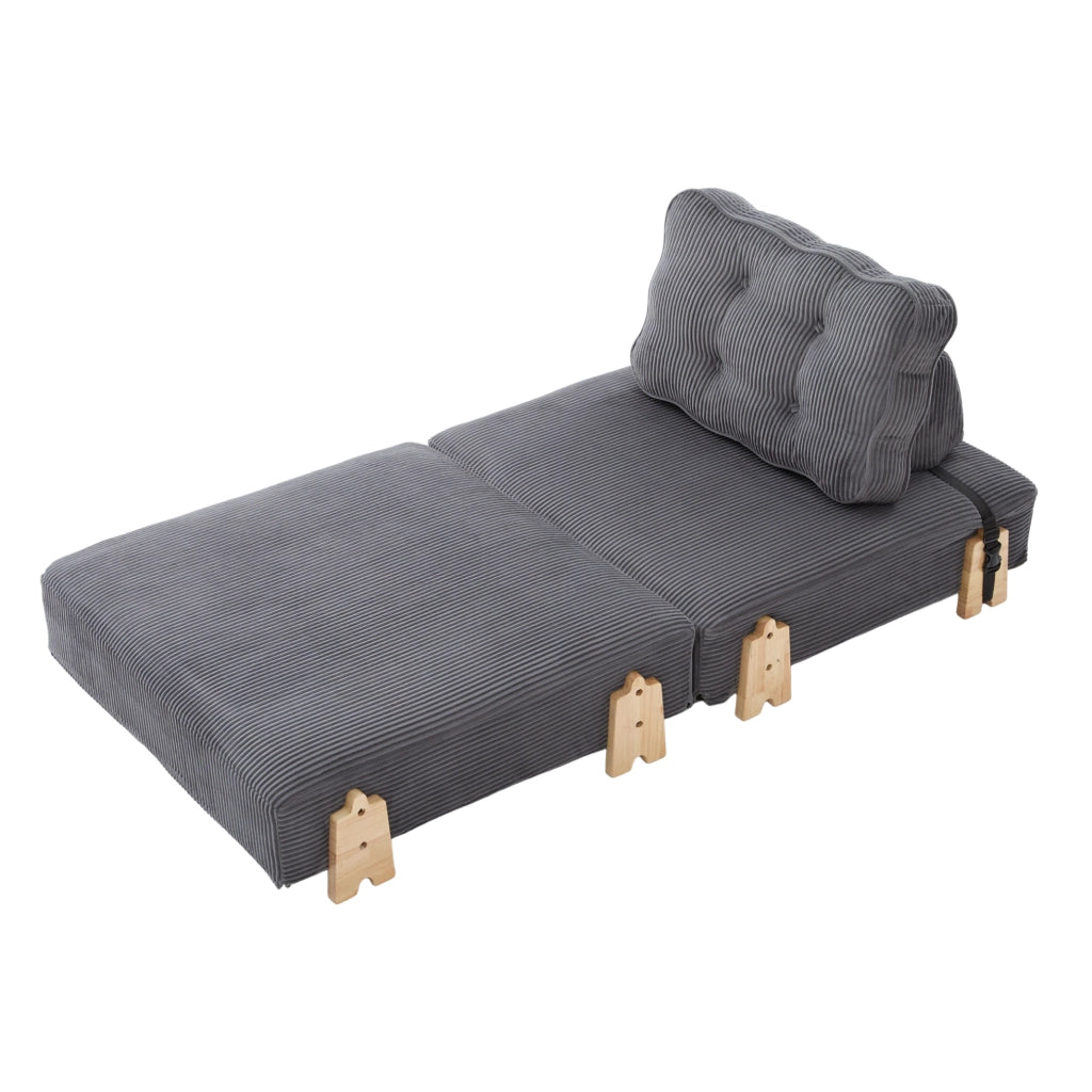 Poltrona letto pieghevole in corduroy grigio scuro; design nordico; 90x86x84 cm; con struttura in legno