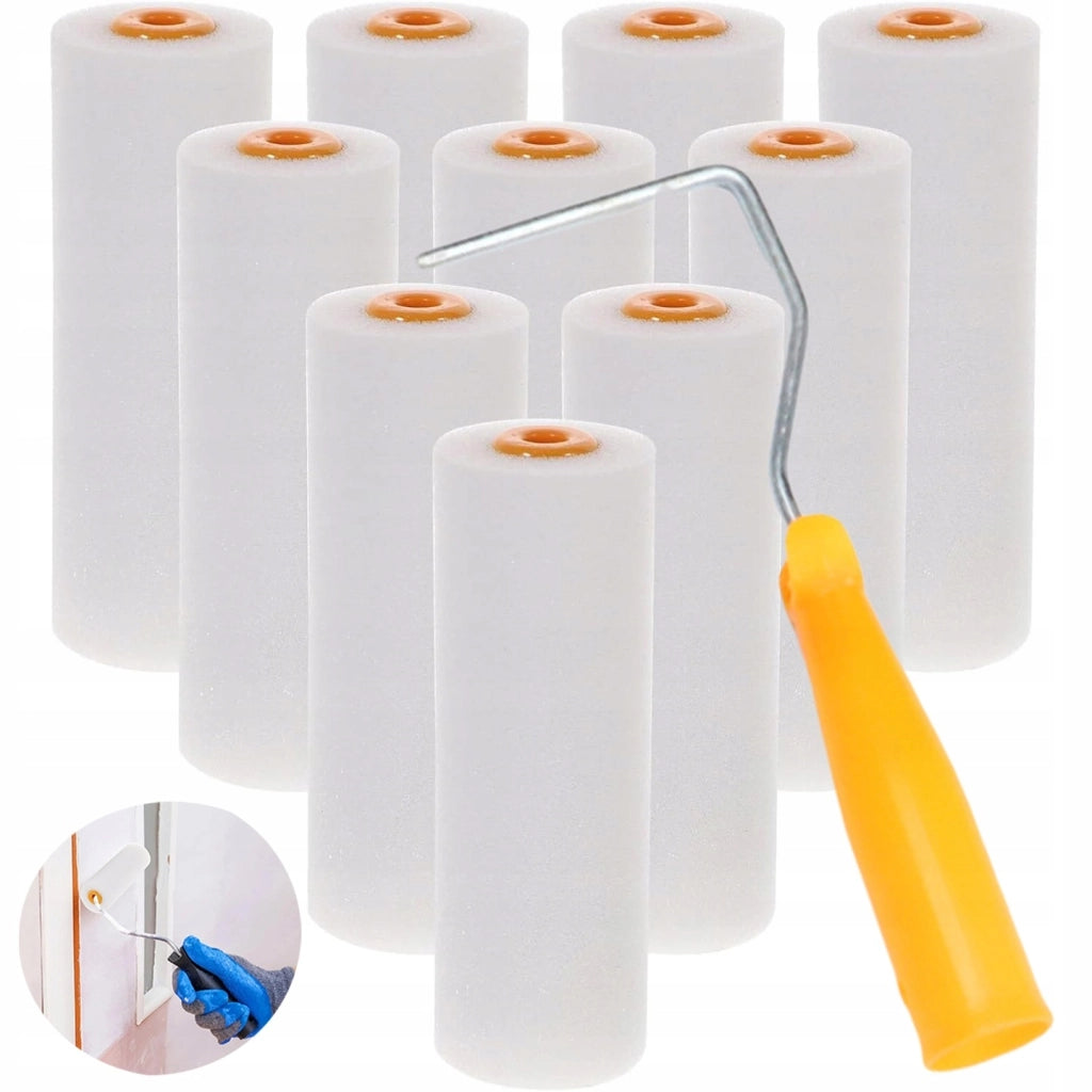 Set di Rulli per Verniciatura 10 cm – 10 Rulli in Poliuretano + Manico + Nastro Adesivo Blu 40 mm
