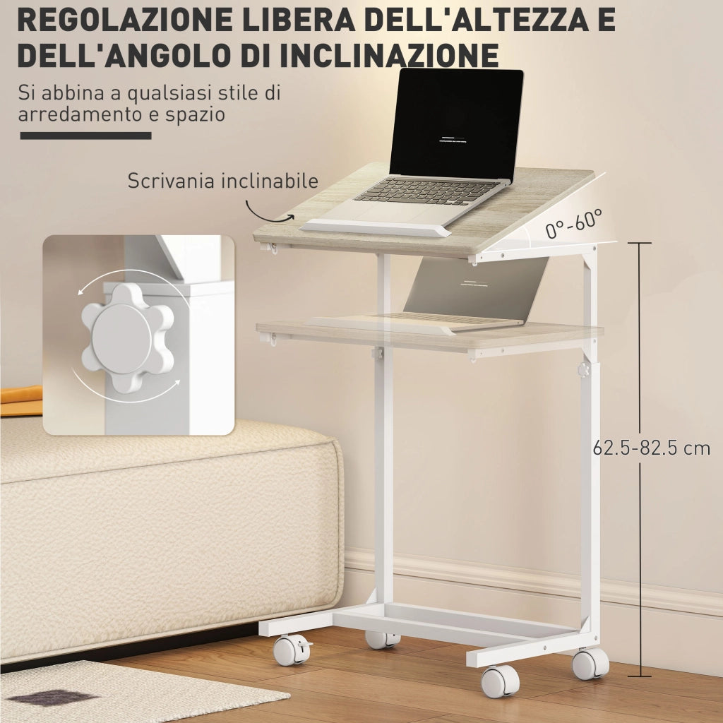 Tavolino da lavoro regolabile con piano inclinabile e ruote ¨C zephmum ¨C bianco e rovere 55x36x62.5-82.5 cm