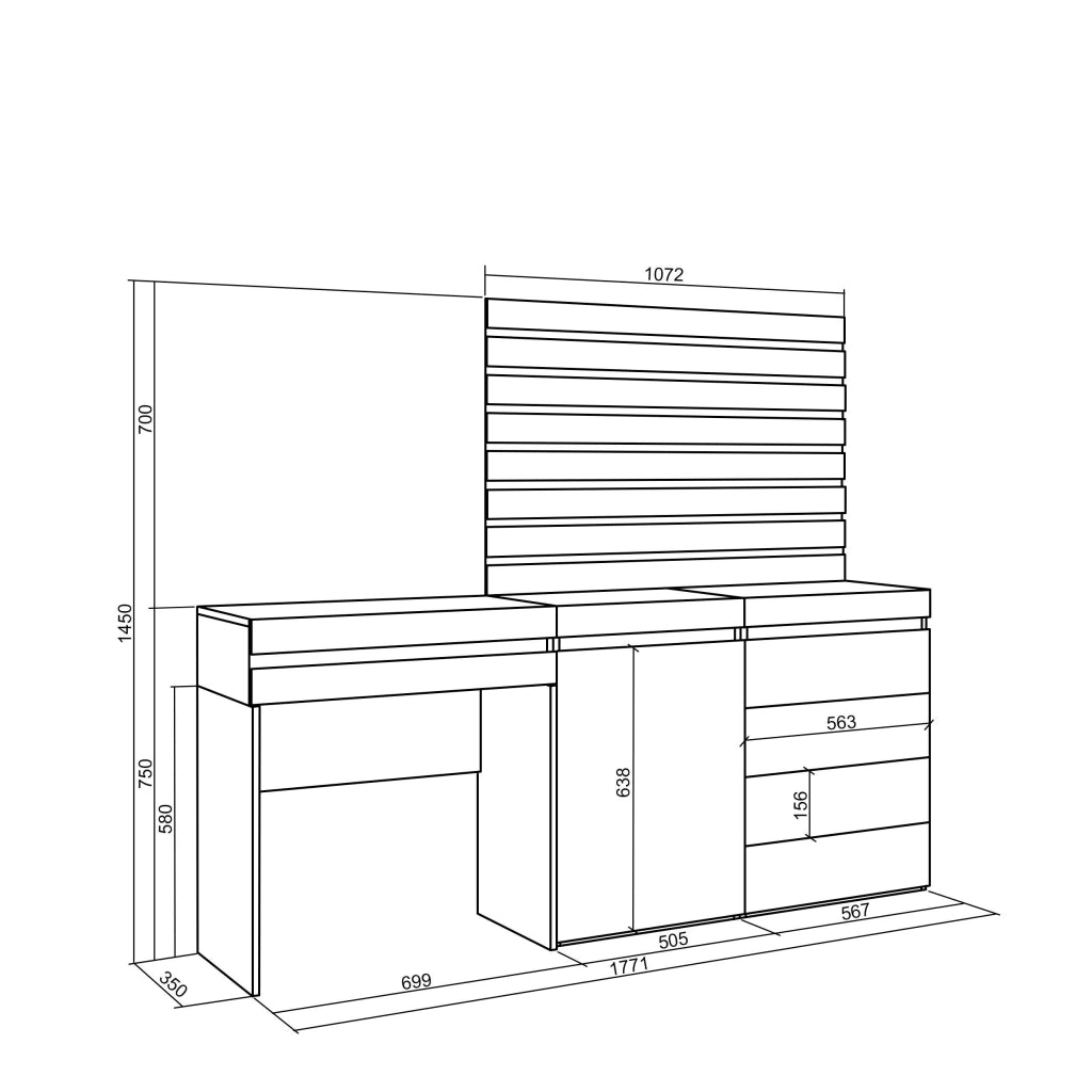 Tavolo da toeletta, 177x35x145cm, Con cassetto, Cassettiera, Pannelli Decorativi, Bianco RF3458