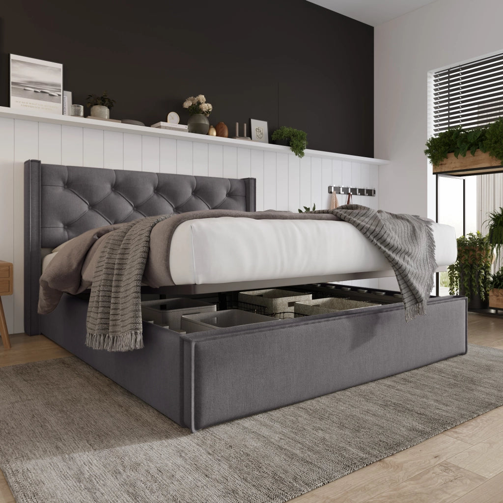 LETTO Imbottito con contenitore 140x200 cm Grigio in cotone
