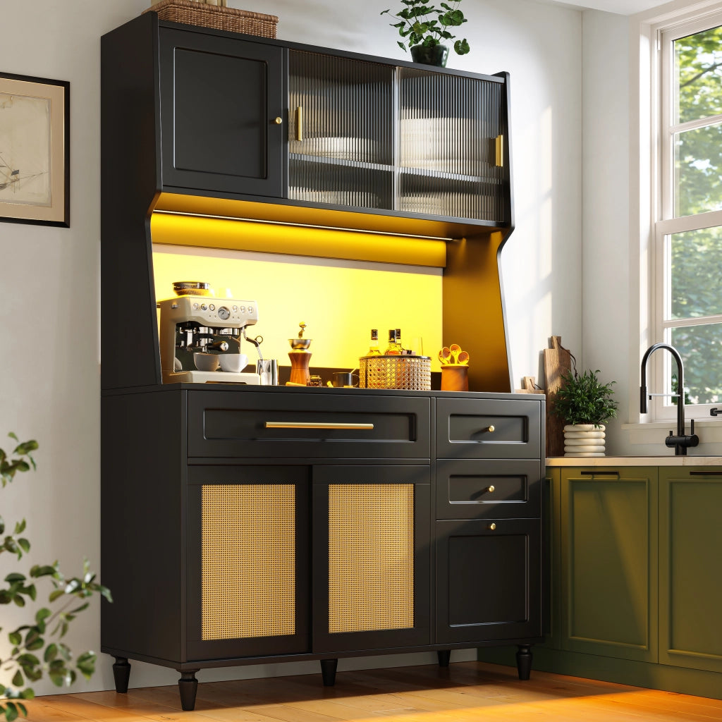 Credenza alta con LED, 3 cassetti e ripiani regolabili 120x45x195,5 cm nera