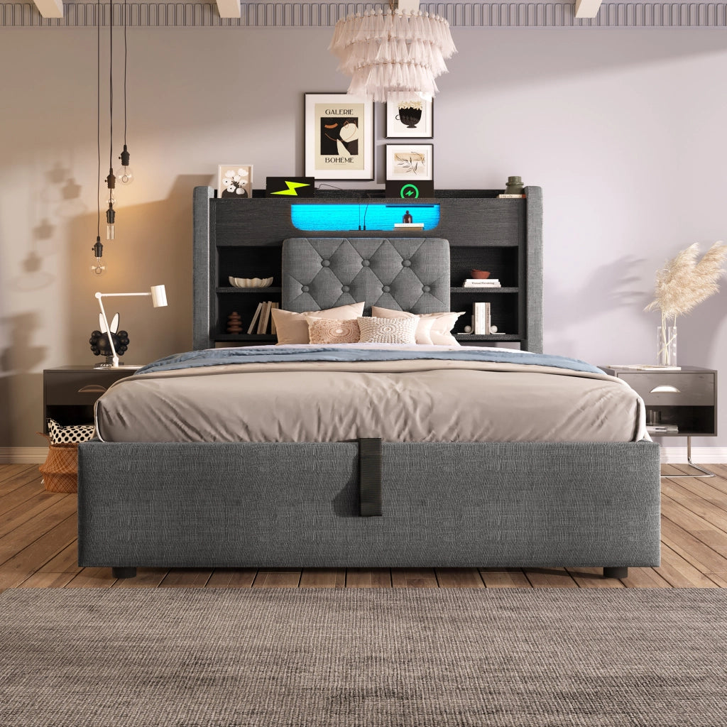 LETTO Contenitore 90x200 cm in lino grigio con LED e USB