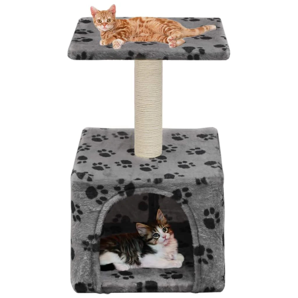 Tiragraffi albero per gatti cuccia per gatti peluche in sisal 55 cm grigio con motivo a impronta di zampa 3702081