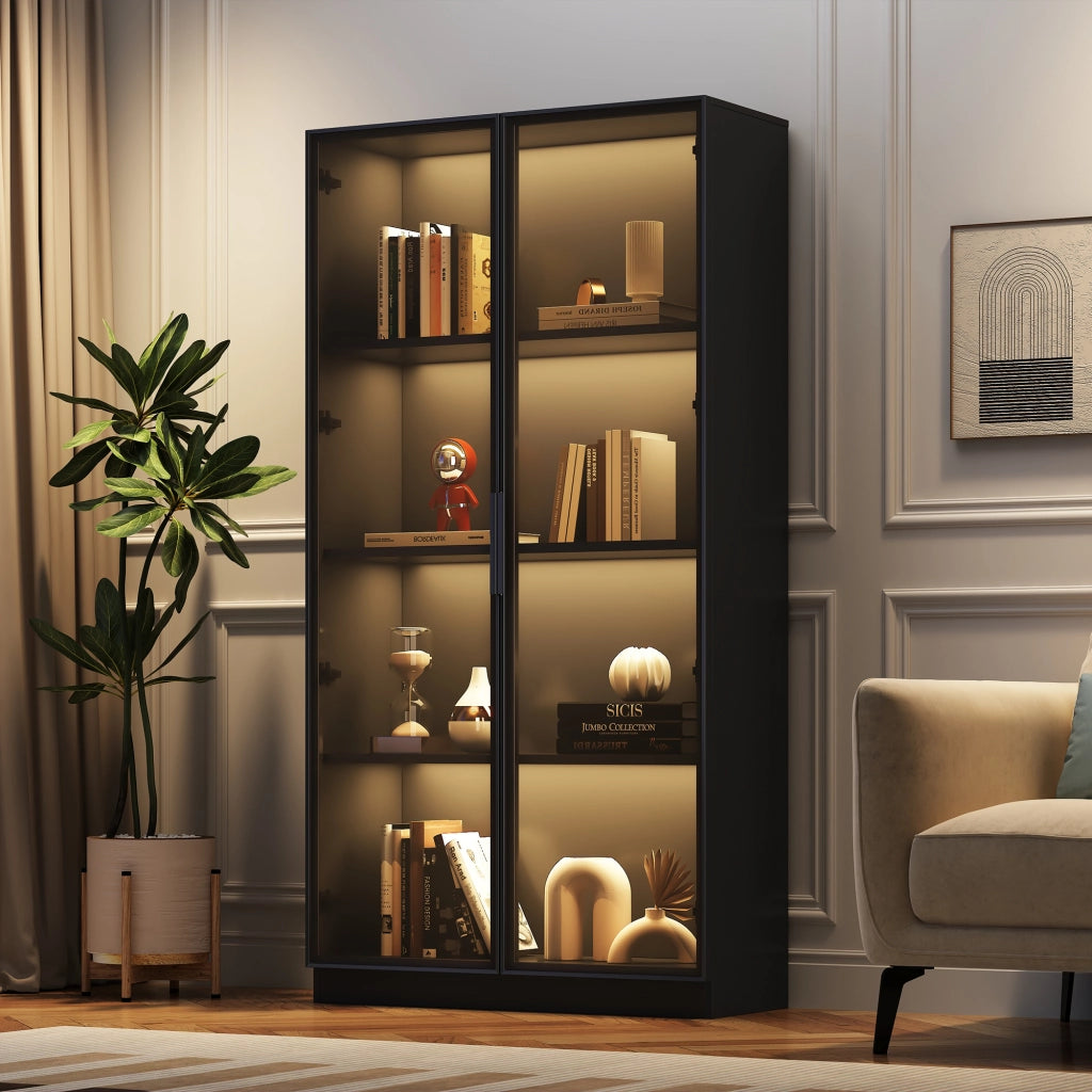 VETRINA con LED APP 80x40x160 cm Nero in Truciolare con 2 Ante in Vetro