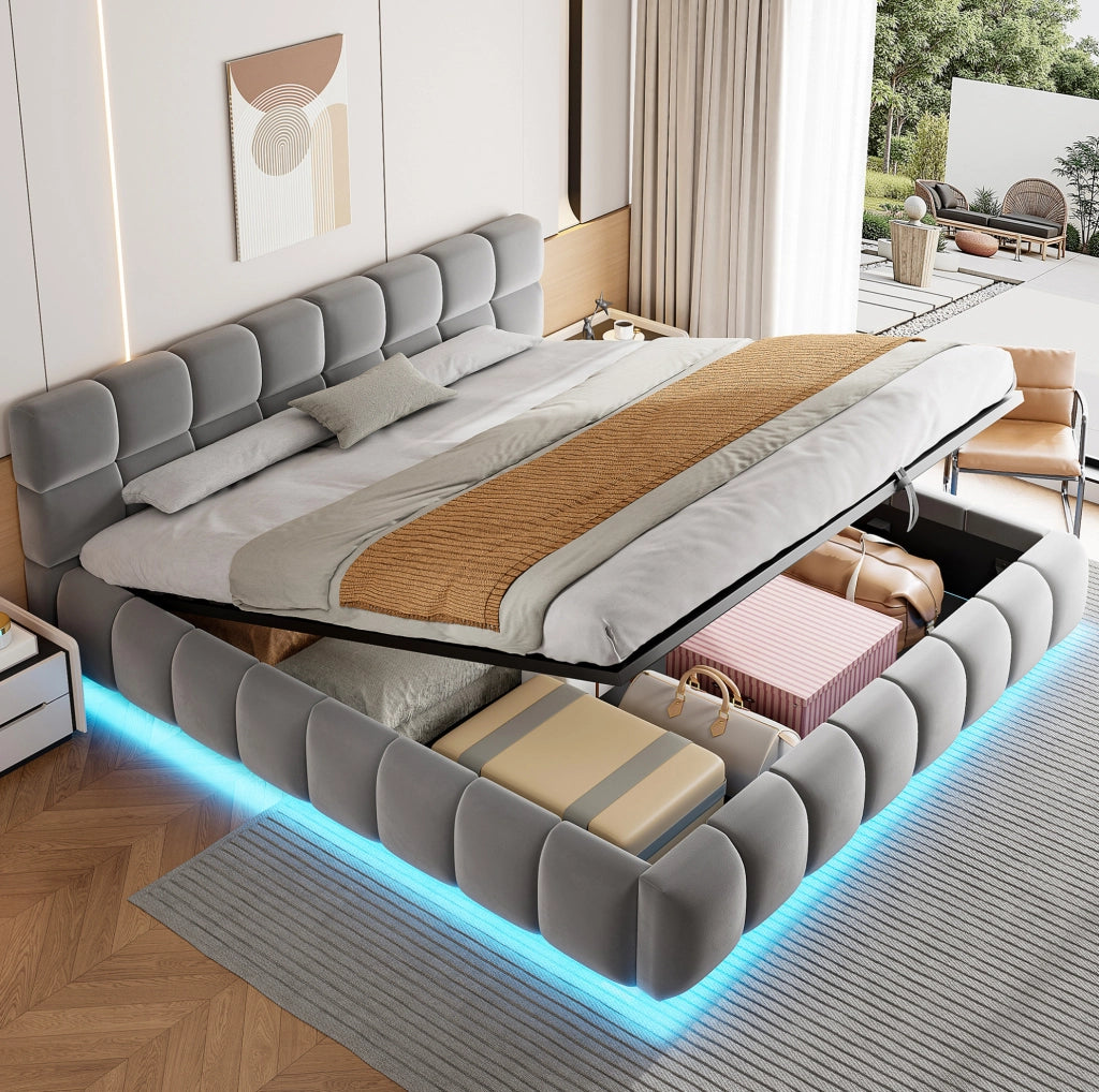 Letto contenitore imbottito 180x200 cm in velluto grigio con LED