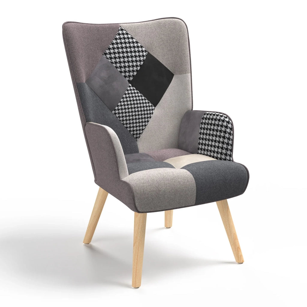 IDMarket - Poltrona scandinava IVAR in tessuto patchwork nero, grigio e bianco