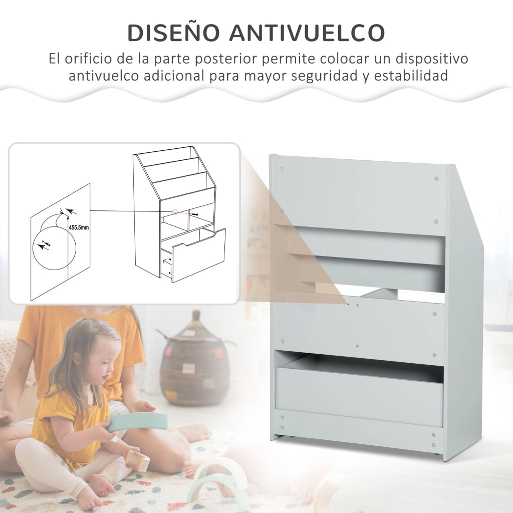 Libreria mobile per bambini con 3 ripiani 2 scomparti cassetto e 4 ruote ¨C Xylo ¨C Legno grigio 60x29,9x90 cm