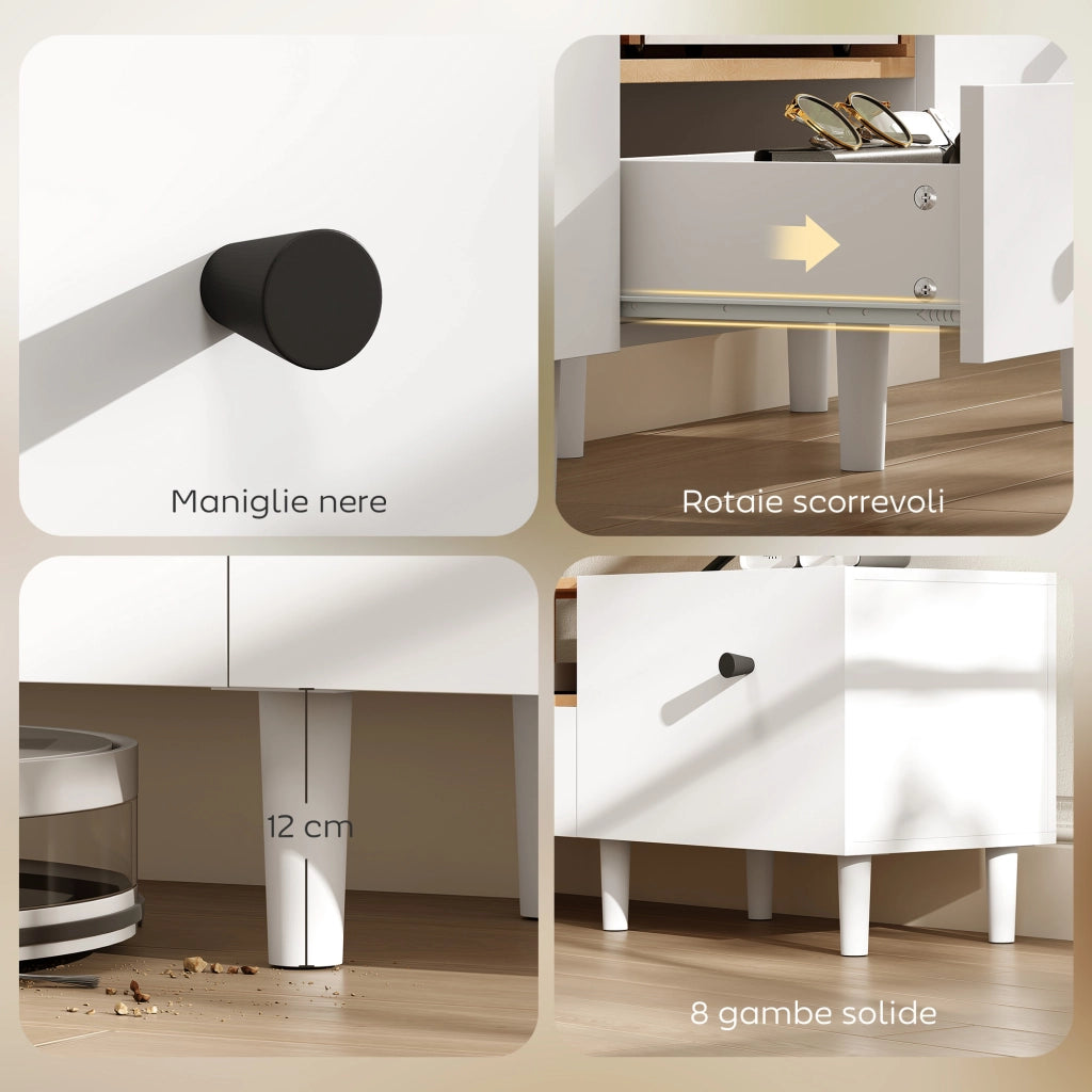 Mobile TV con Ante a Ribalta, Cassetto e Scaffale Aperto ¨C Minimal ¨C Bianco e Legno 150x35x45 cm