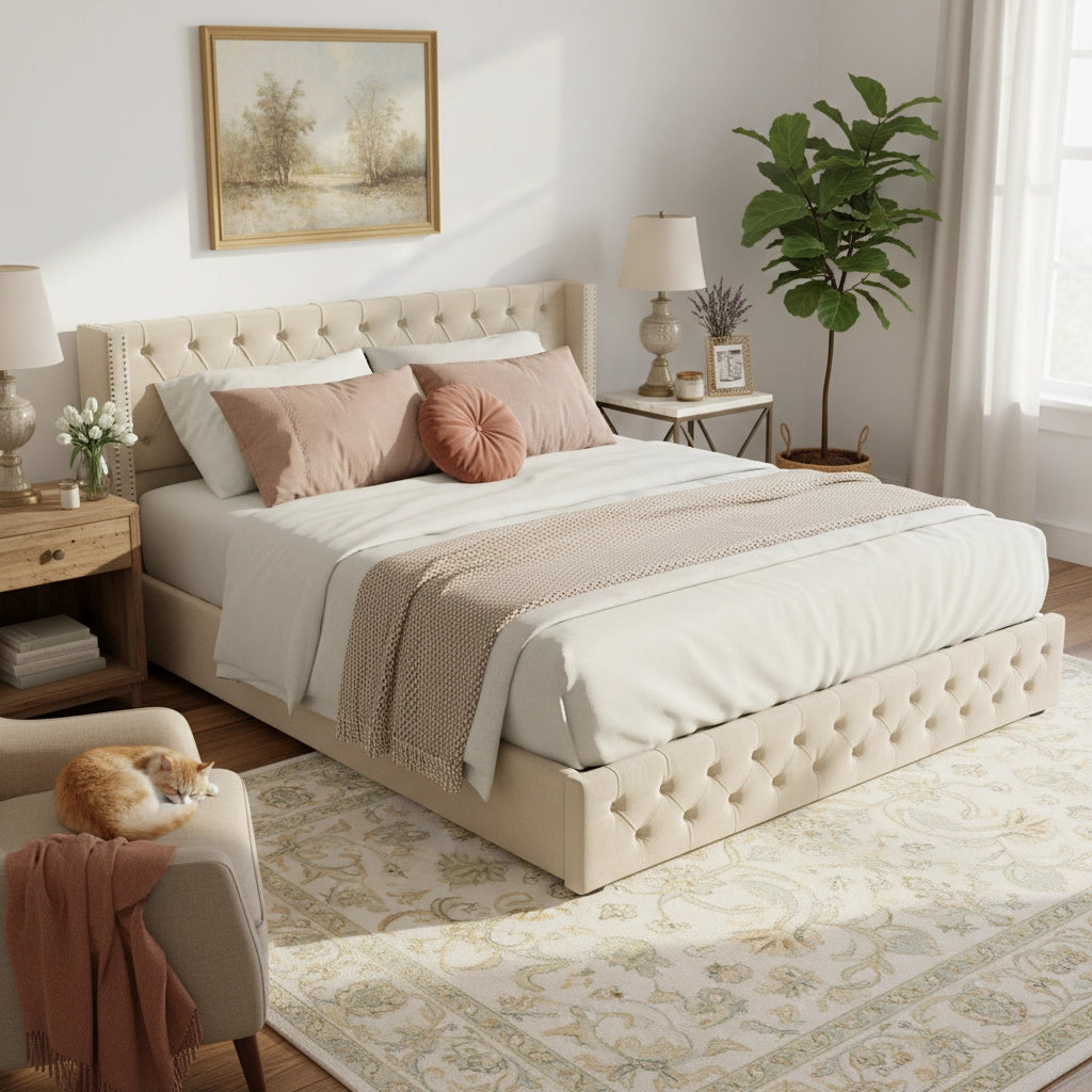 LETTO Imbottito Contenitore 160x200 cm Velluto Beige