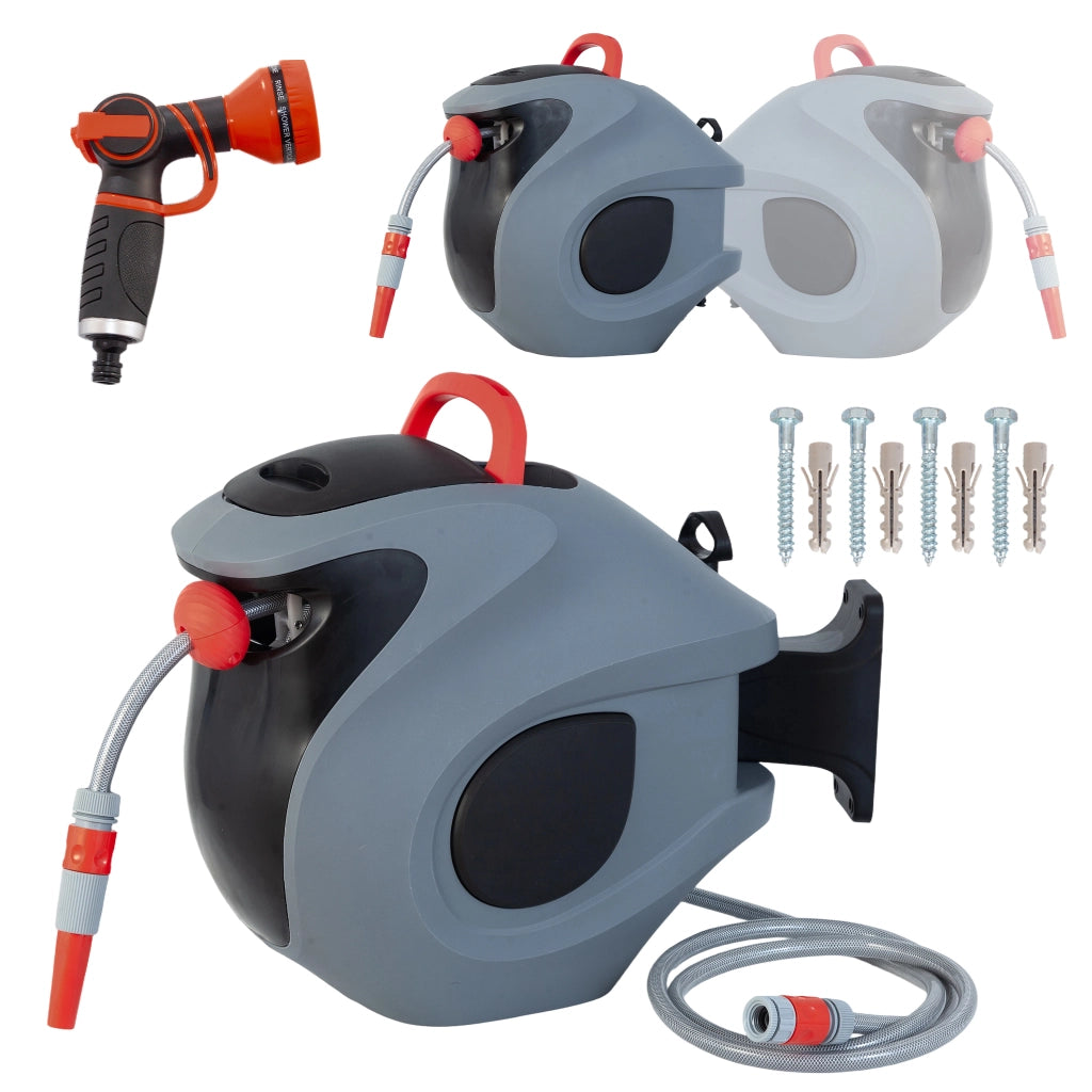 Avvolgitubo Automatico 30m con Staffa a Muro e Ugello 9 Funzioni ¨C MINIMAL ¨C Grigio/Rosso