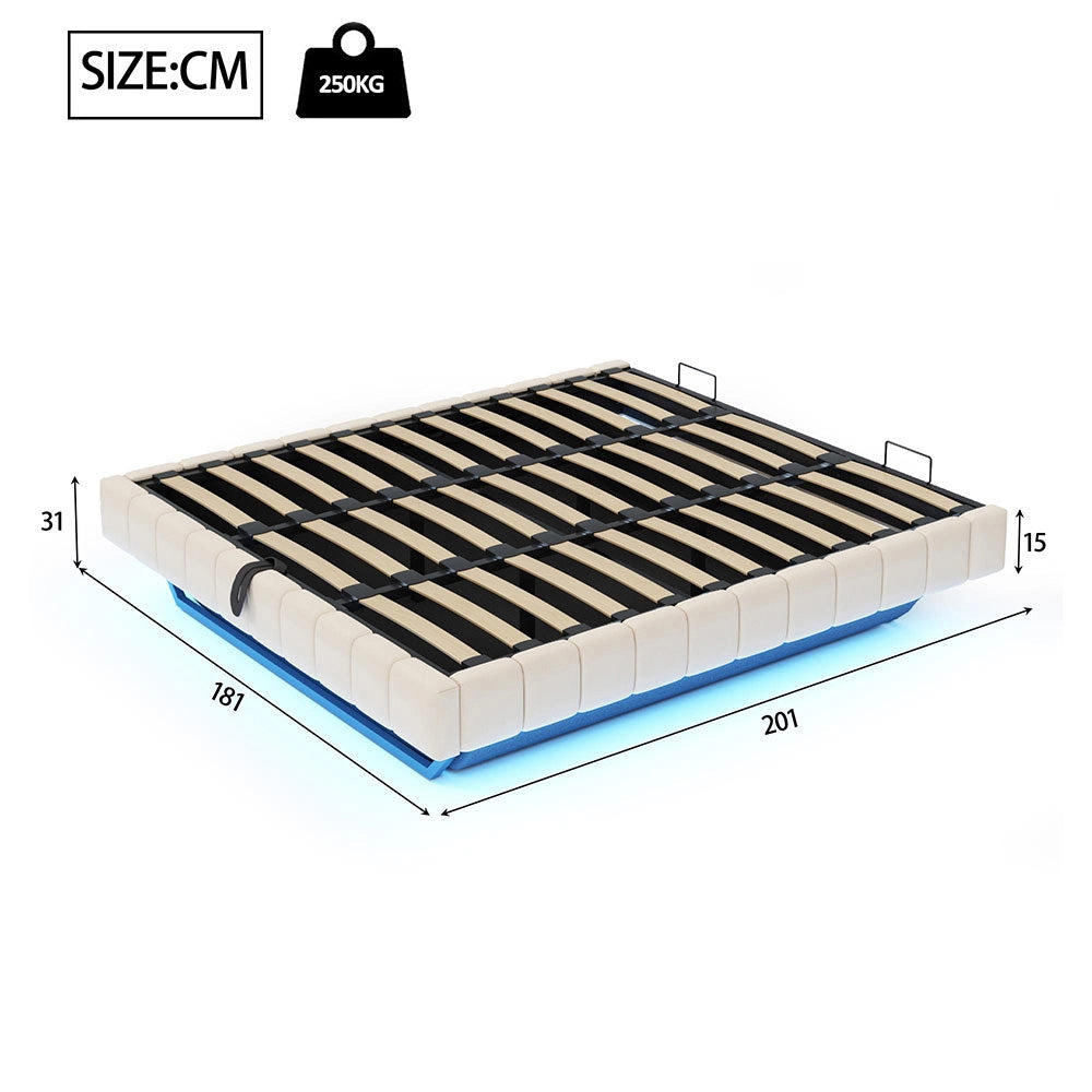 Letto-Xylo-180x200 cm-idraulico, LED, senza testiera, lino beige