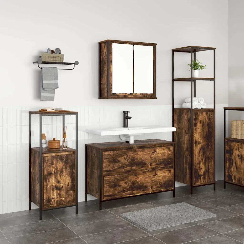 Set di mobili per il Bagno | Armadio da bagno 3 pz Rovere fum¨¦ Legno multistrato