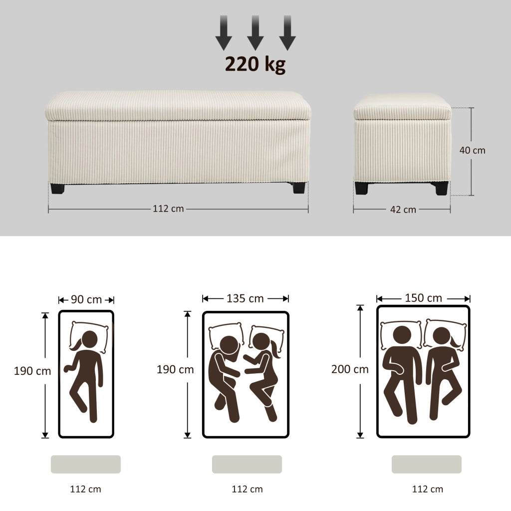 Panca Fondo Letto 112x42x40 cm con Spazio Contenitore da 84L in Tessuto Effetto Velluto a Coste e Acciaio Beige