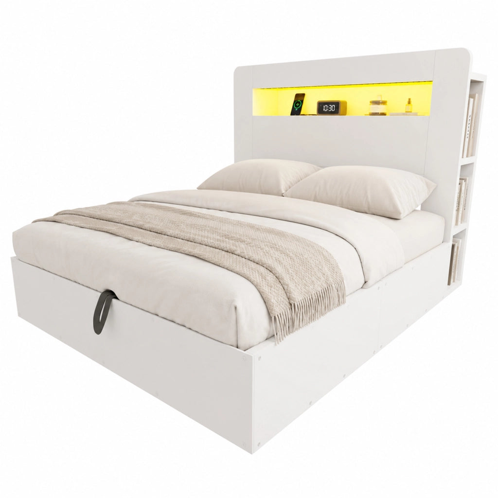Letto contenitore matrimoniale 140×200 cm e 180×200 cm con LED; prese e ripiani; senza materasso; legno; bianco