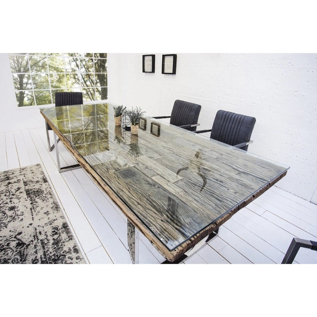 Tavolo da pranzo RAFTA 180 cm – Piano in legno riciclato e vetro temperato, struttura in metallo