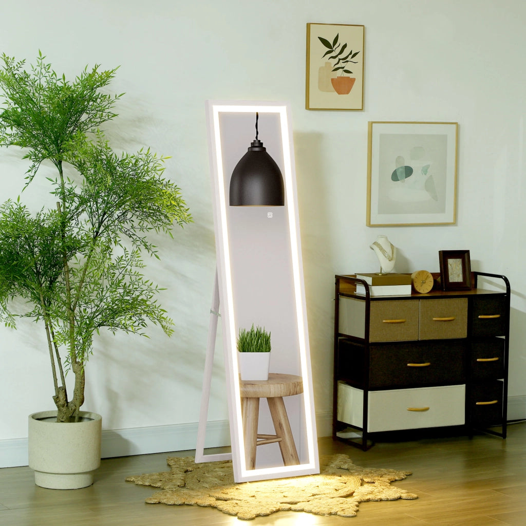 Specchio da Terra con Luci LED Regolabili. 3 Colori. 40x160 cm Specchio da Parete e Autoportante a Figura Intera in Vetro Temperato e MDF con Funzione Memory. per Soggiorno. Bianco