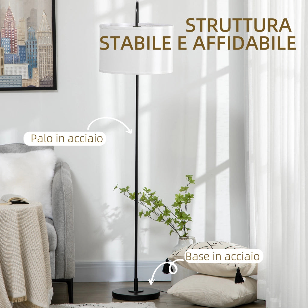 Lampada da Terra Moderna in Acciaio con Paralume in Tessuto Effetto Lino, 64x38x163.5 cm, Bianca e Nera