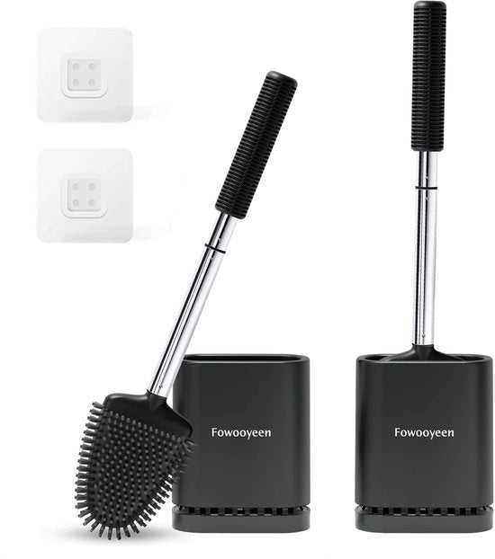 Set di spazzole per il water, set di spazzole per il water con manico verticale, spazzola per il water con testa a forma di cuore, set di spazzole per il water con holder senza perforazione, nero - set a 2 pezzi