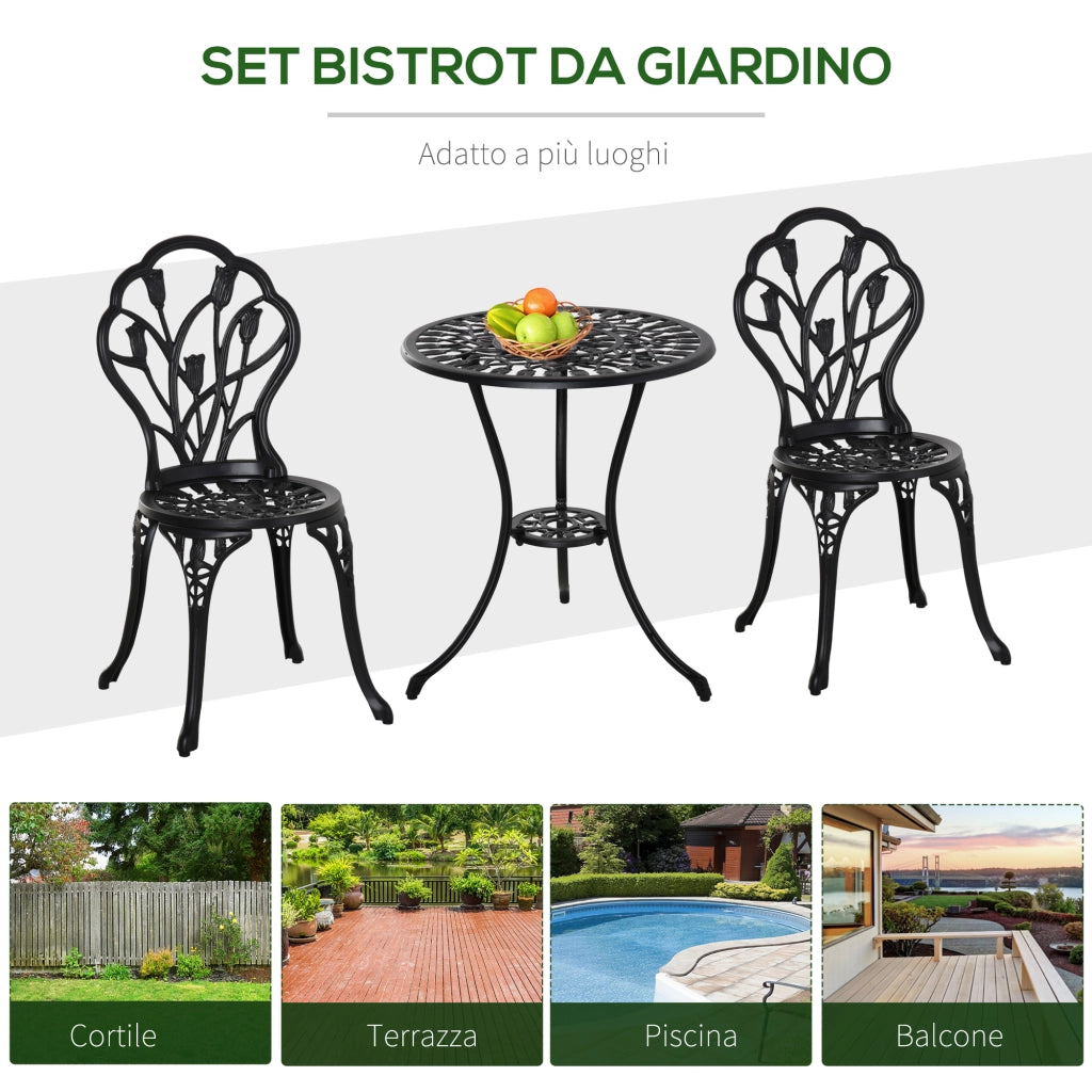 Set da Giardino 3 Pezzi ¨C Zephmum ¨C Nero, Alluminio, Sedie 42.5x47.5x89 cm e Tavolino ?60x67 cm