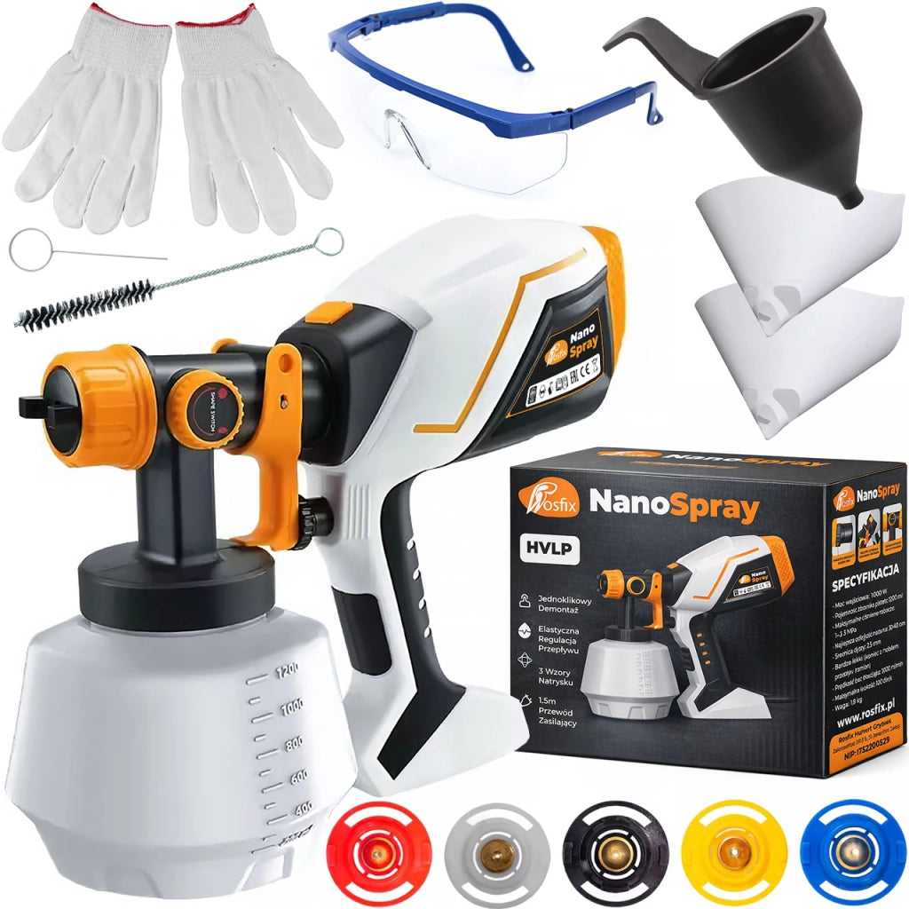 Pistola a Spruzzo Elettrica NanoSpray HVLP 1000W – 5 Ugelli, Serbatoio 1200ml | Verniciatura Pareti, Mobili, Recinzioni