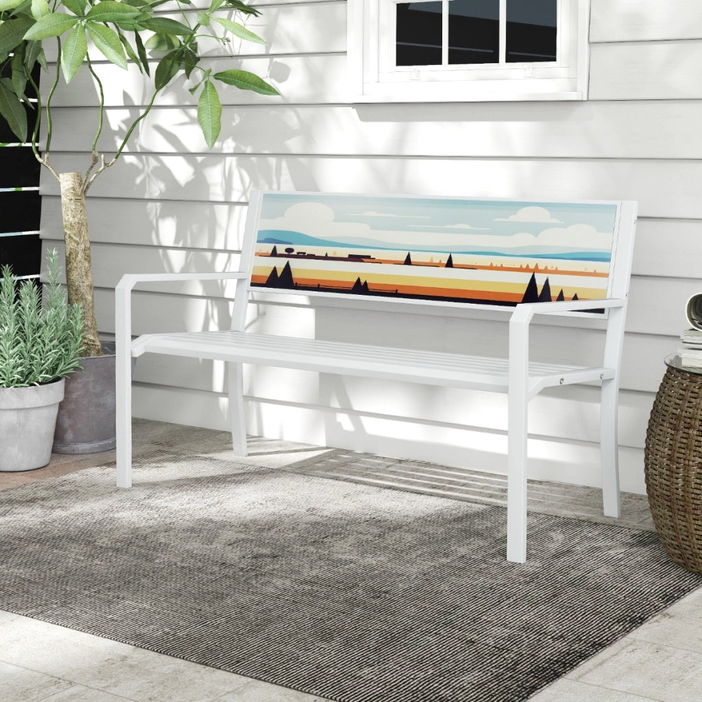 Pancha da giardino sedile a doghe, Panchina per esterno in metallo a 2 posti con schienale decorativo Bianco