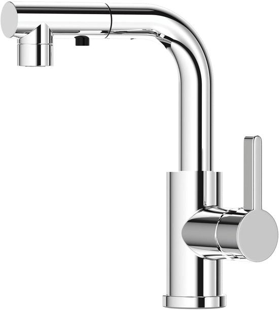 Uscita acqua da cucina, rubinetto da cucina con alta pressione, estensibile, rubinetto da cucina a unico giro con due getti, miscelatore L, da cucina, rotativo 360°, cromato