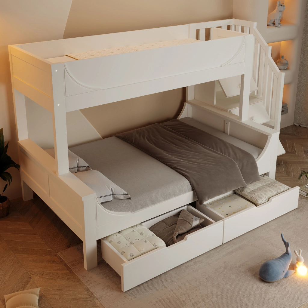 Letto a castello per bambini bianco con scala contenitore, cassetti e rete a doghe, 90x200/140x200 cm