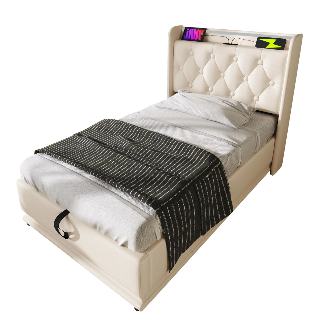 Letto singolo imbottito 90x200 cm in PU bianco con LED; USB e contenitore idraulico