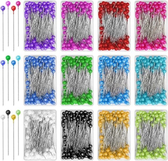 1200 pezzi di spille colorate con testa | grandi chiodi per hijab | aghi di naile in acciaio inox | 12 colori 100 per scatola