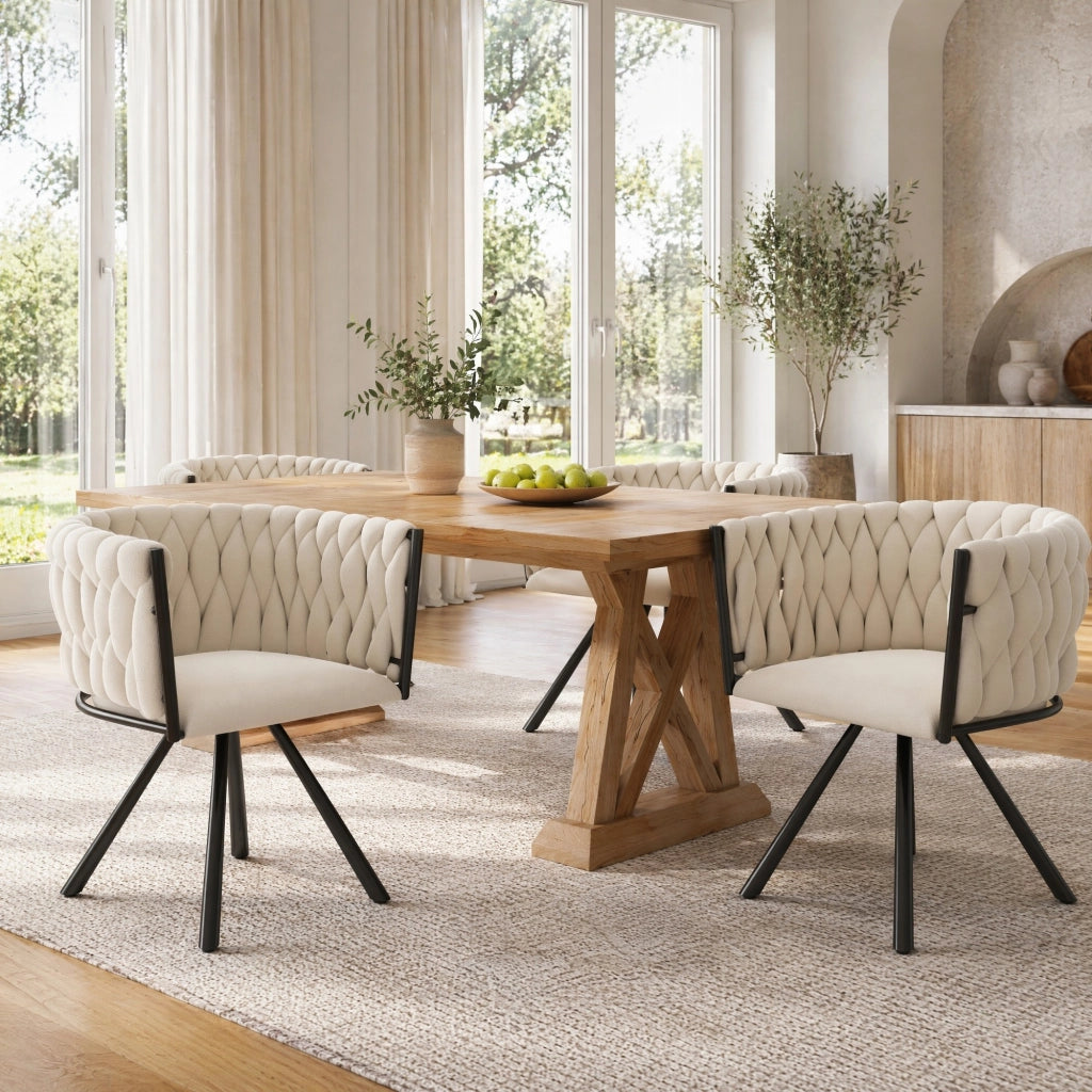 Set 2 sedie da pranzo girevoli in velluto beige con struttura in metallo