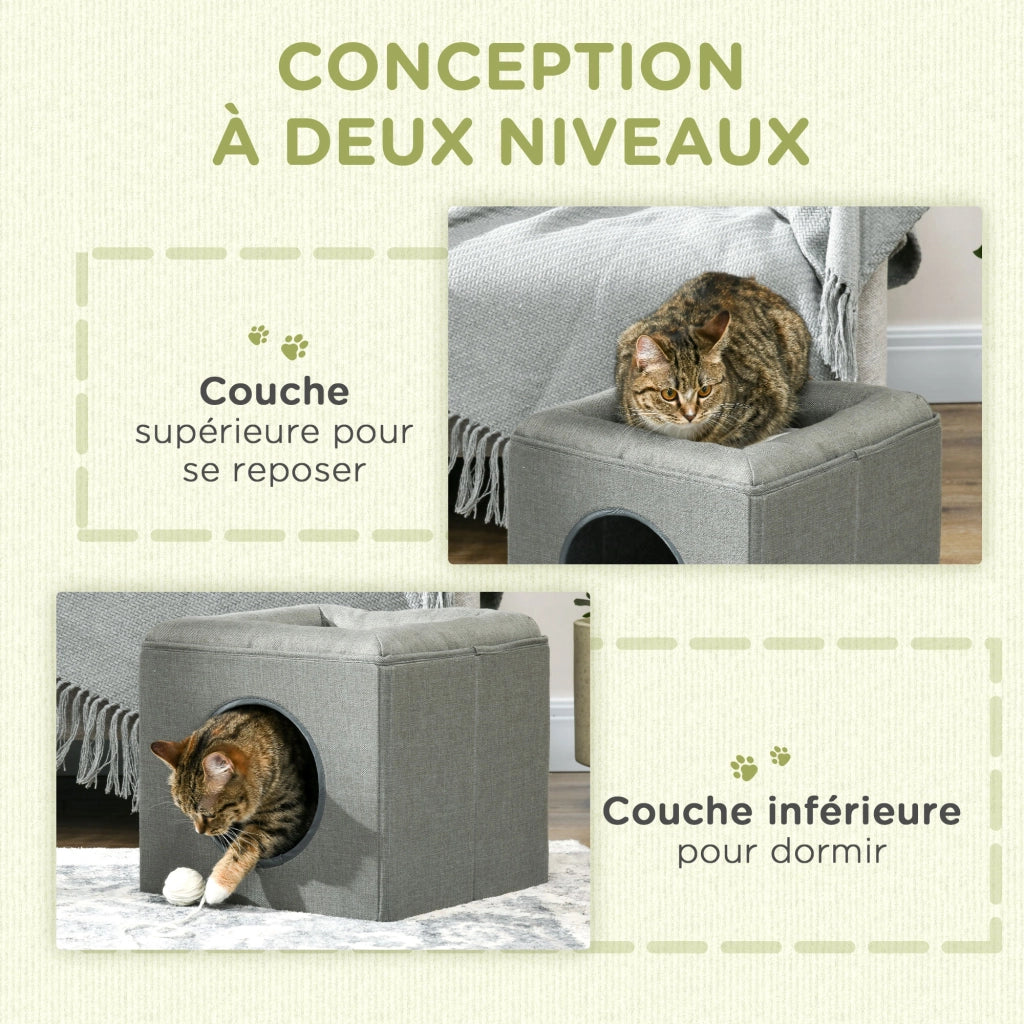 Casa per gatti a 2 livelli con cuscino morbido in peluche ¨C Xylo ¨C grigio 36,5x36,5x33cm