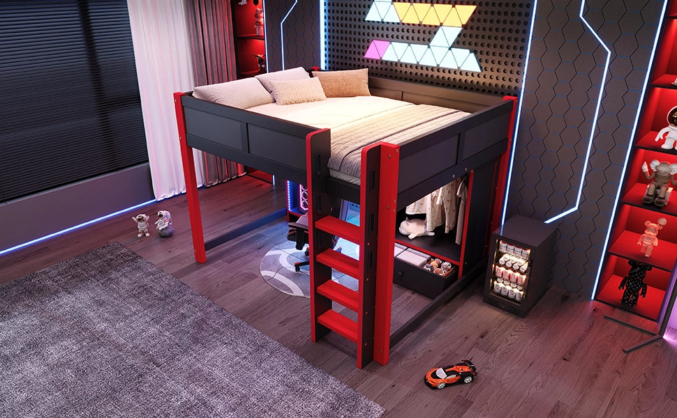 DESMIU Lit mezzanine 140 × 200 cm 1 posto con scrivania, armadio, LED, senza materasso, in legno, nero e rosso