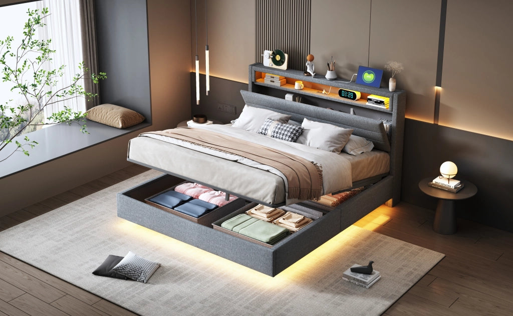 Letto matrimoniale imbottito fluttuante con contenitore idraulico; LED e porta USB; testiera girevole; lino grigio; 140x200 cm; senza materasso