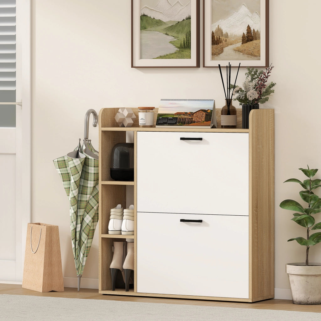 Scarpiera Slim 83x24x90,5 cm con 2 Cassetti Ribaltabili e 3 Vani Aperti Capacità 15 Scarpe Color Legno e Bianco