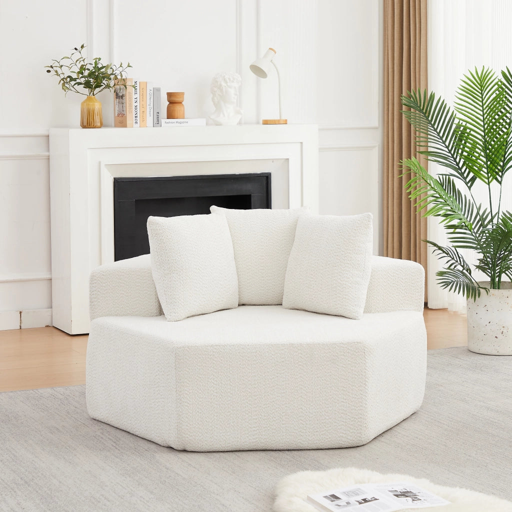 Poltrona lounge singola esagonale modulare in chenille beige con 3 cuscini
