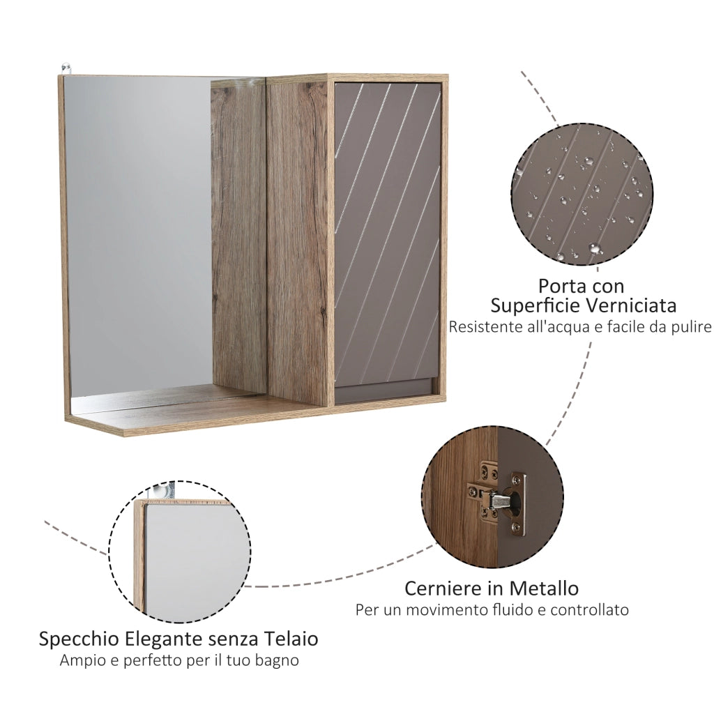 EasyComfort Mobiletto Bagno Salvaspazio da Bagno Sospeso con Specchio e Armadietto, incluso Ripiano Regolabile, Grigio e Rovere